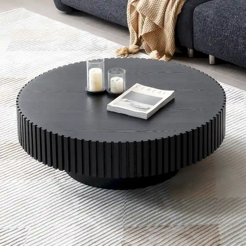 Table basse ronde minimaliste moderne en bois de noyer noir avec une base solide