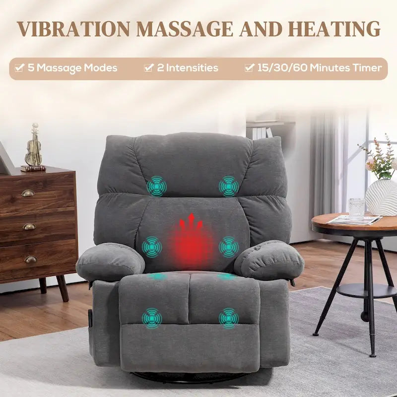 Fauteuil inclinable de massage par vibration gris foncé avec chaleur, fauteuil à bascule pivotant surdimensionné, canapé simple