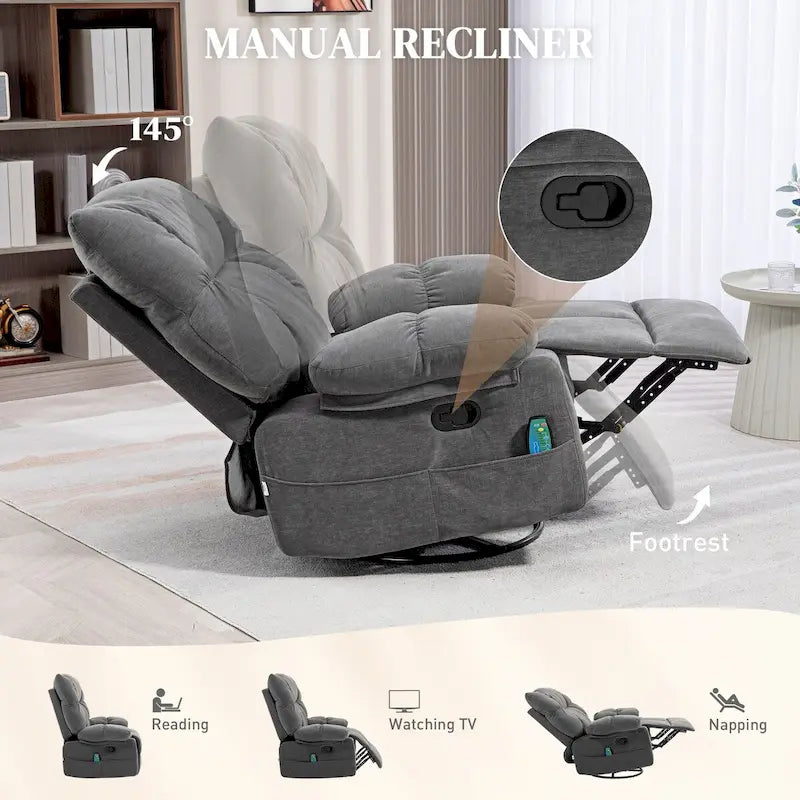Fauteuil inclinable de massage par vibration gris foncé avec chaleur, fauteuil à bascule pivotant surdimensionné, canapé simple