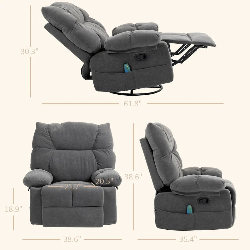 Fauteuil inclinable de massage par vibration gris foncé avec chaleur, fauteuil à bascule pivotant surdimensionné, canapé simple
