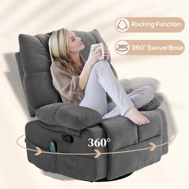 Fauteuil inclinable de massage par vibration gris foncé avec chaleur, fauteuil à bascule pivotant surdimensionné, canapé simple