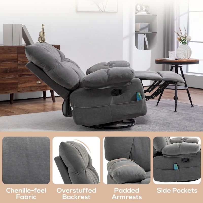 Fauteuil inclinable de massage par vibration gris foncé avec chaleur, fauteuil à bascule pivotant surdimensionné, canapé simple