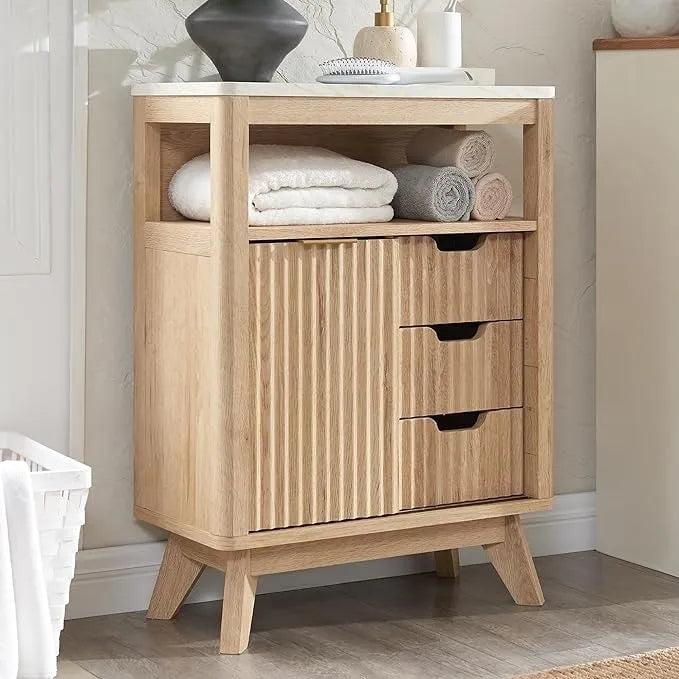 Meuble bas de salle de bain moderne avec plateau aspect marbre, organisateur de rangement